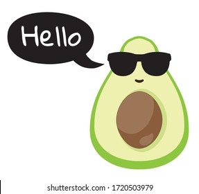 vector illustration of an avocado in sungalsses with speech bubble and hello text. funny avocado vector.