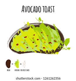 Vector illustration avocado toast or whole grain bread, topped with smashed avocado, sea salt, and red chili flakes. Isolated. 