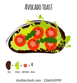 Vector illustration avocado toasts with tomatoes.