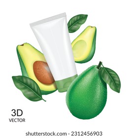 vector illustration avocados with avocado cosmetic cream tube flying on the white background isolated,use for avocado cosmetic product label design and poster and banner design.