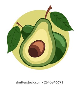 Vector Illustration of Avocados, One Sliced with Visible Seed – Fresh, Healthy Tropical Fruit in Flat Cartoon Style