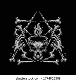Vector illustration of Awesome Fire Head Skull with a Smile, horn, bone and Triangle on the Black Background. Hand-drawn illustration for mascot esport logo poster t-shirt printing. Vector Logo