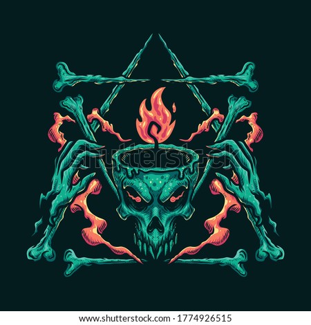 Vector illustration of Awesome Fire Head Skull with a Smile, horn, bone and Triangle on the Green Background. Hand-drawn illustration for mascot esport logo poster t-shirt printing. Vector Logo