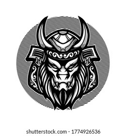 Vector illustration of Awesome Japanese Black-White Lion Head with a Samurai, Horn, and Fur on the Blue Background. Hand-drawn illustration for mascot esport logo poster t-shirt printing. Vector Logo