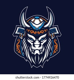 Vector illustration of Awesome Japanese Blue Orange Lion Head with a Samurai, Horn, and Fur on the Blue Background. Hand-drawn illustration for mascot esport logo poster t-shirt printing. Vector Logo