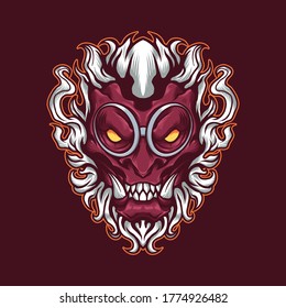 Vector illustration of Awesome Japanese Red Lion Head with a Smile, Horn, and Fur on the Red Background. Hand-drawn illustration for mascot esport logo poster t-shirt printing. Vector Logo