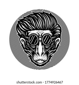 Vector illustration of Awesome Monkey Head with a Smile, Horn, Google Glass and Fur on the Black-White Background. Hand-drawn illustration for mascot esport logo poster t-shirt printing. Vector Logo