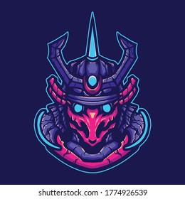 Vector illustration of Awesome Robotic Japanese Purple Pink Head with a Samurai, and Horn on the Blue Background. Hand-drawn illustration for mascot esport logo poster t-shirt printing. Vector Logo