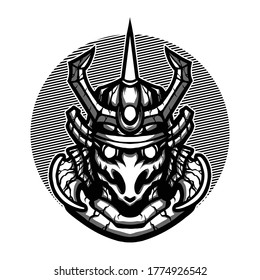 Vector illustration of Awesome Robotic Japanese Black-White Head with a Samurai, and Horn on the Blue Background. Hand-drawn illustration for mascot esport logo poster t-shirt printing. Vector Logo