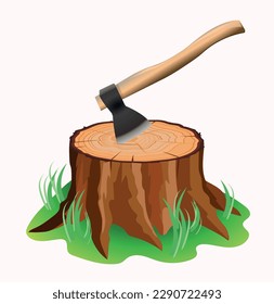 Vector illustration of an ax on a stump of a felled tree