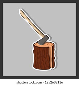 Vector illustration of an ax stuck into a log. Symbol of chopping wood or firewood.   Flat vector illustration on isolated background.