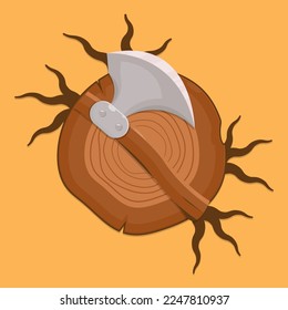 vector illustration of an ax and wood that has been cut down
