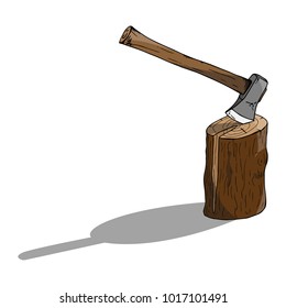 Vector illustration of an ax. Ax with a wooden handle.  Log with an ax. Old ax cuts a wooden block. Hand drawn.