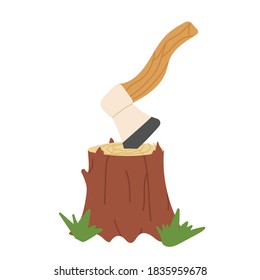 ilustración vectorial de un hacha cortando un trozo en estilo plano. para leñador. aislado de fondo blanco.