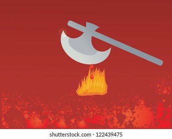 Vector and illustration of axe with fire and blood on red background