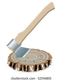 vector illustration of axe and an old wooden cut