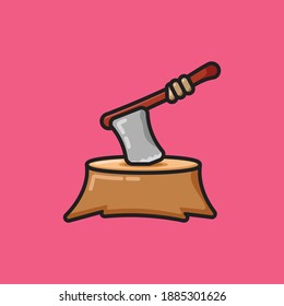 Vector illustration of an axe stuck on a tree stump on a flat background