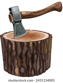 Vector illustration of an axe stuck in wood.