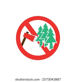 vector illustration of an axe and tree templet design of a no tree cutting sign.