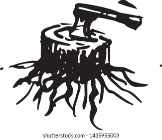 A vector Illustration of an axe in a tree trunk