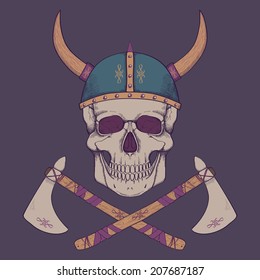 Vector illustration with axes and human skull wearing viking helmet