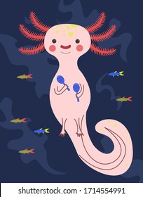 Vector illustration of axolotl playing maracas.  Cute childish illustration.