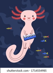 Imagen vectorial de axolotl tocando piano.