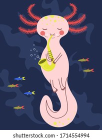 Vector illustration of axolotl playing saxophone.  Cute childish illustration. Music. Poster, print.