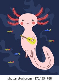 Ilustración vectorial de axolotl jugando ukulele.