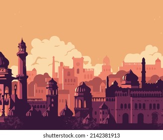 Vector Illustration of Ayodhya, Lucknow, India Skyline. Sharyu River Ayodhya City Ramjamn Bhumi God Ram Birth Place