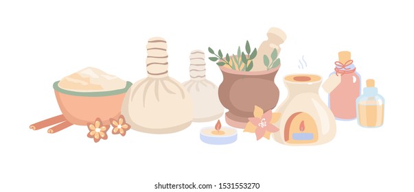 Vector illustration Ayurveda in flat style. Set of hand drawn elements for Ayurvedic massage and Aromatherapy. Horizontal banner and background design on Spa, Wellness, Body Care theme.