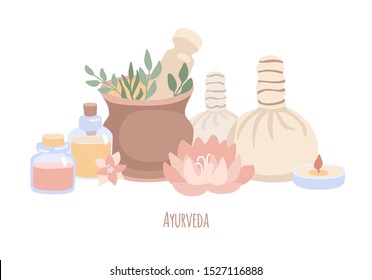 Vector illustration Ayurveda in trendy flat style and desaturated colors. Hand drawn elements of Ayurvedic massage isolated on white. Wellness, aromatherapy, body care concept.