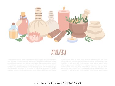 Ilustración vectorial Ayurveda en estilo moderno y plano. Conjunto de elementos para el masaje ayurvédico y la aromaterapia. Banner horizontal y diseño de volante con lugar para su texto sobre Spa, Wellness, tema de Body Care