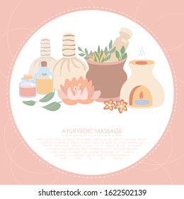 Vector Illustration Ayurveda In Trendy Flat Style. Wellness, Aromatherapy, SPA Card Or Flier Design. Set Of Elements On Ayurvedic Massage With Place For Text And A Circle Frame On The Pink Background.