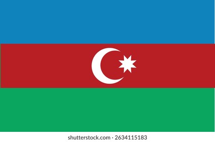 Vector illustration of the Azerbaijan national flag featuring blue, red, green stripes and a crescent with star. Ideal for Independence Day 28 May, patriotic designs, cultural, educational use.