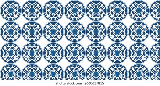 vector illustration of azulejo mosaic tile pattern with seamless effect in blue color