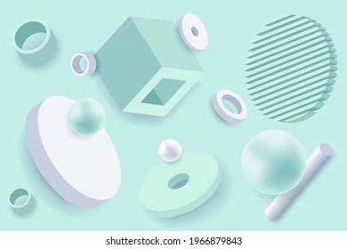 Vector illustration. Azure background with 3D geometric shapes, vector shadows. Web banner, poster, social media cover, typography and promotional material.
