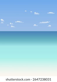 vector illustration of azure sea coast in summer against blue sky with white small clouds. For decorating your designs in soft summer colors in vacation and recreation style. To create a summer mood