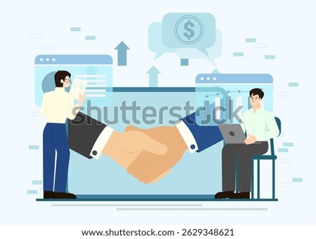 A Vector illustration of a B2B agreement signing with professionals engaged in financial analysis and discussions.