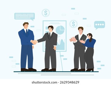Uma ilustração vetorial de uma colaboração de negócios B2B, mostrando profissionais apertando a mão com dados financeiros em segundo plano.