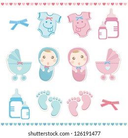 Vector illustration of babies and baby products.