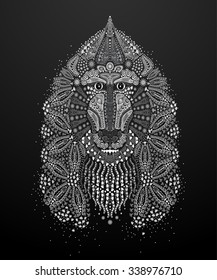 Vector illustration of a baboon hand-drawn style mehendi. The head of the animal with ethnic motifs. Sketch of tattoo prints on shirts, bags, or greeting card. Monkey symbol of the New 2016