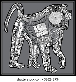 Vector illustration of the baboon in zentangle style. Monochrome pic
