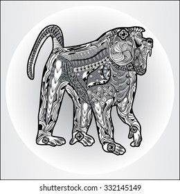 Vector illustration of the baboon in zentangle style. Black sketch