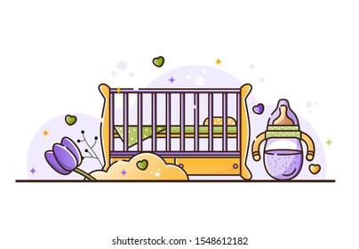 Vector illustration with baby accessories. Wooden crib for a newborn with a pillow and blanket. Bottle of milk. Birth of a boy or girl child. Linear style print on a white background.