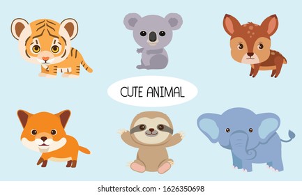 
Vector illustration of baby animals including a koala delay the tiger, deer, fox, sloth