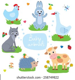 Vector Illustration of Baby Animals. Rabbit Vector. Hedgehog Vector. Goose Vector. Chicken Vector. Wolf Vector. Cow Vector. Calf Vector. Baby Animals Cute. Baby Animals Playing. Animals For Kids.