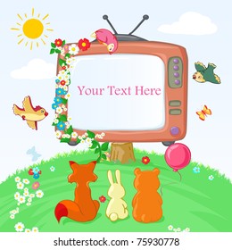 Vector illustration, baby animals watching Tv, card concept.