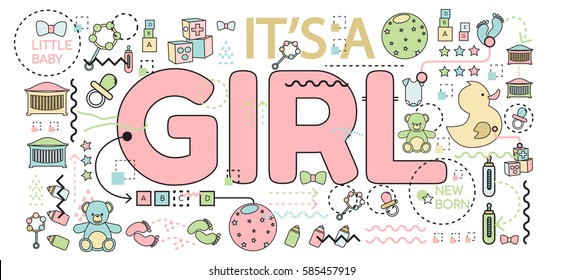 Vector illustration. Baby announcement "it's a girl" text. Baby shower concept