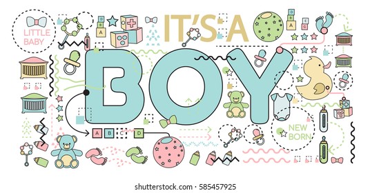 Vector illustration. Baby announcement "it's a boy" text. Baby shower concept